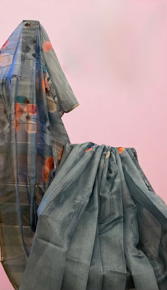 Blue Digital Print Saree with Subtle Motifs