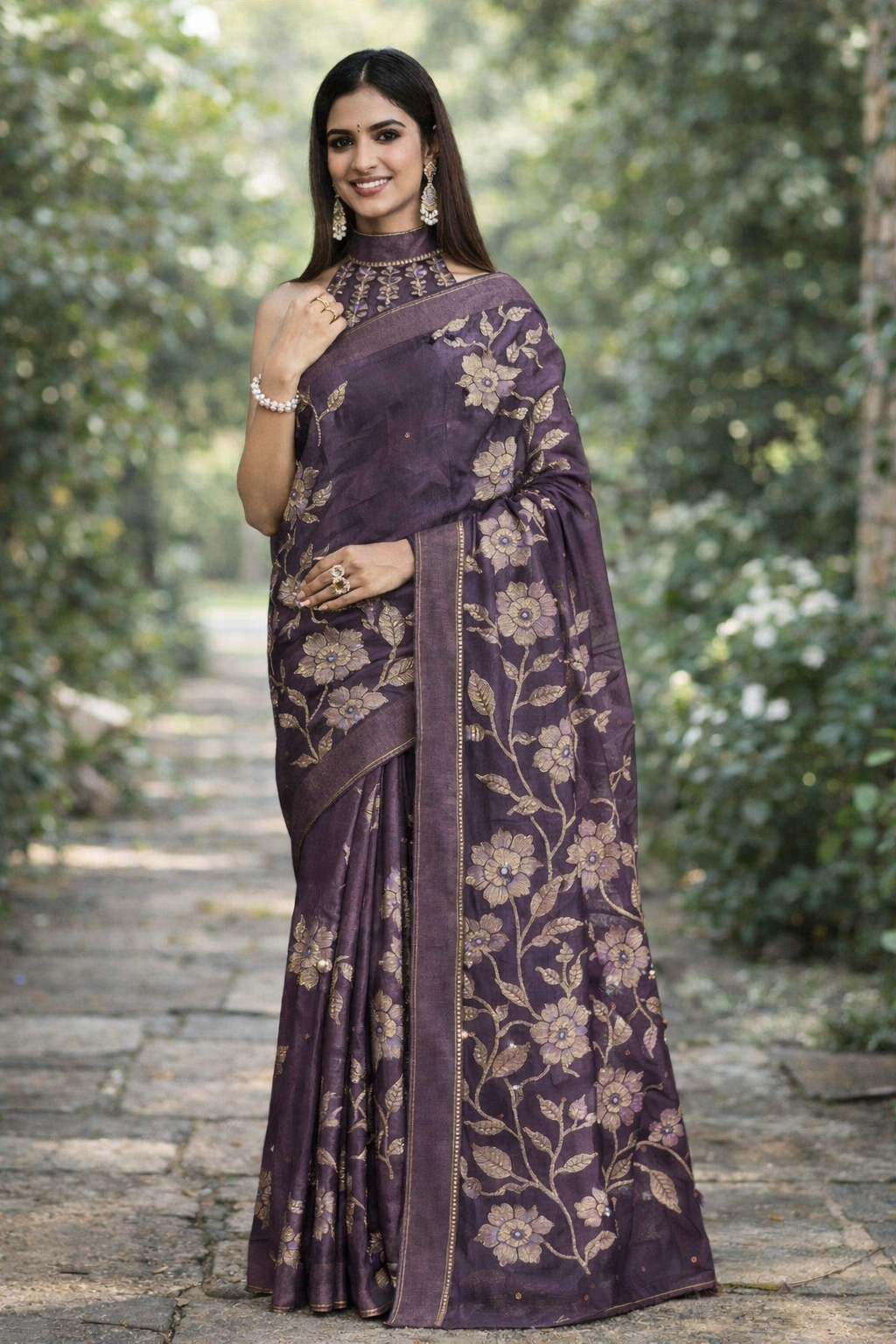 Shimmering Floral Georgette Saree with Striped Pallu