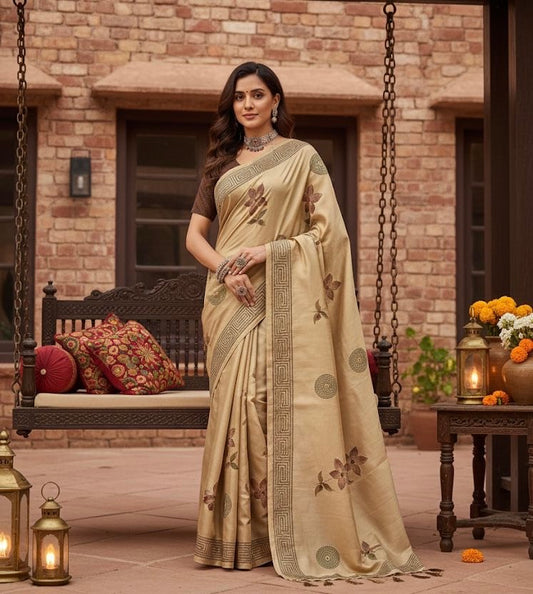 Beige Woven Linen-Blend Saree with Subtle Motifs