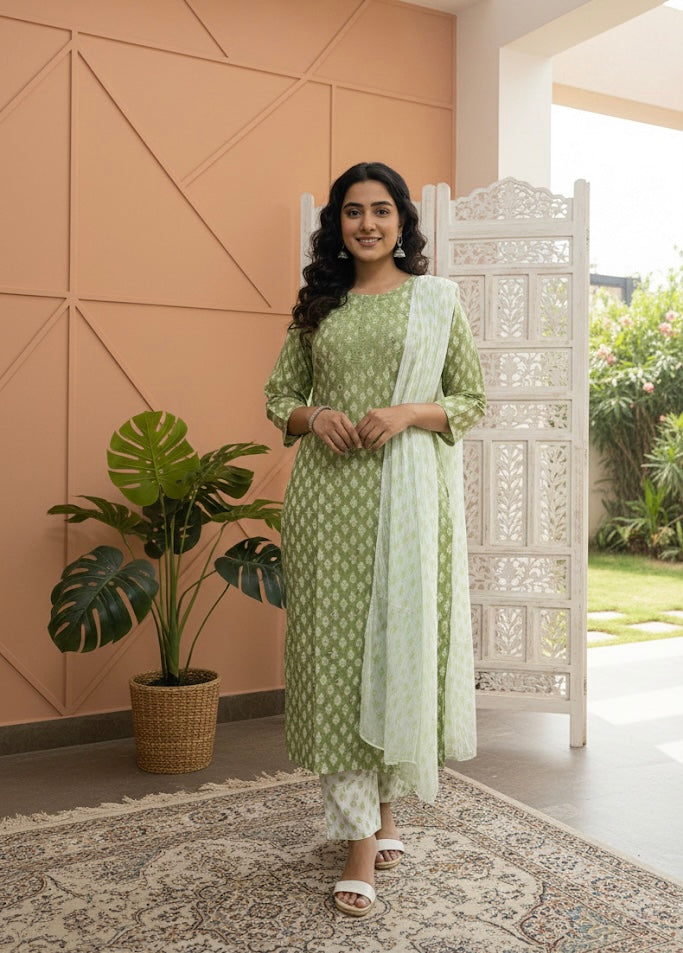 Pastel Green Ikat Printed Kurta Set with Dupatta