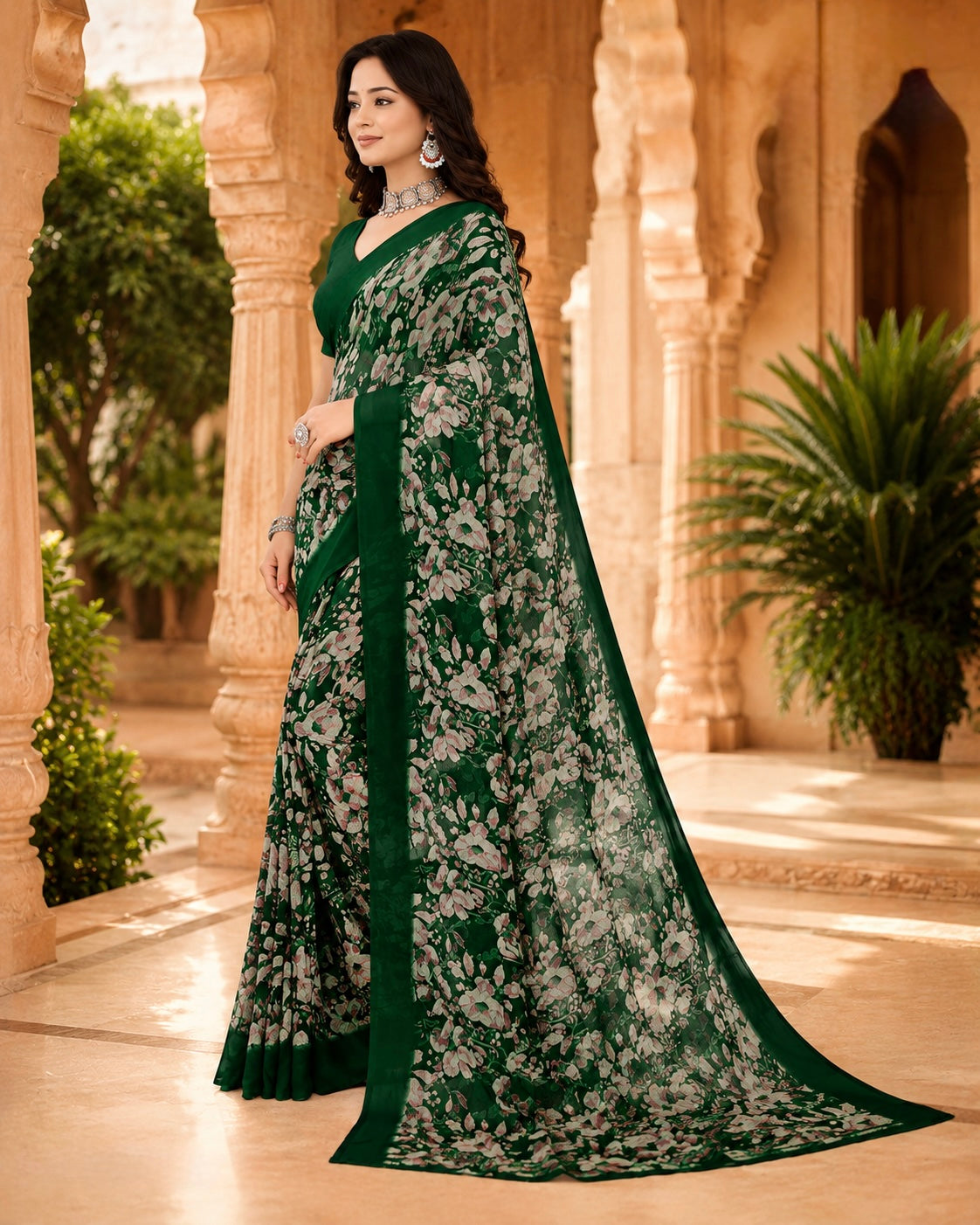 Emerald Whisper Floral Saree