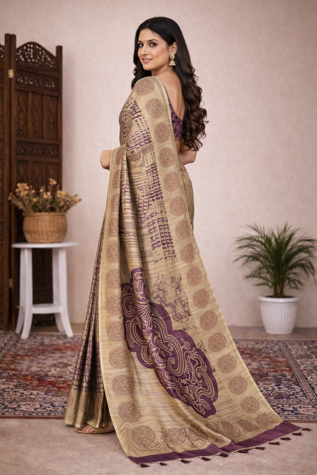 Beige & Plum Heritage Motif Linen Saree