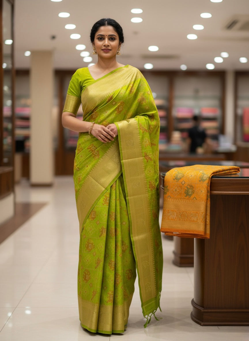 Elegant Woven Motif Silk-Blend Saree with Contrast Border