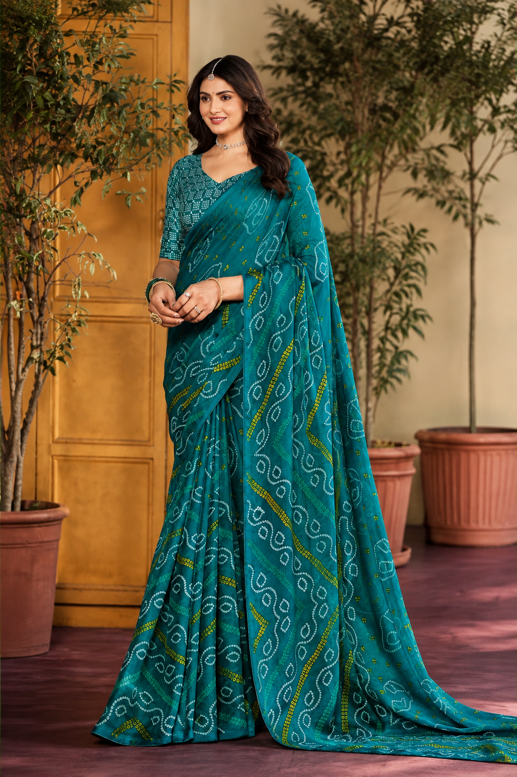Teal Bandhani-Inspired Printed Saree