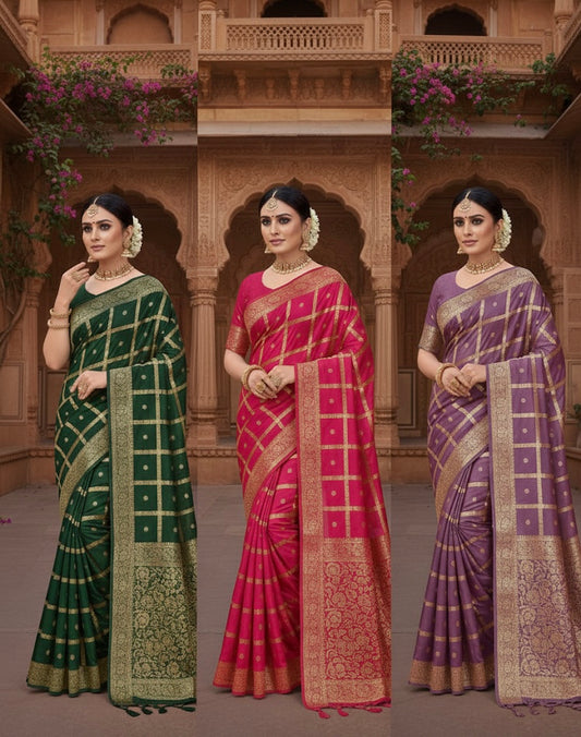 Traditional Woven Silk Saree with Gold Zari Checks – Green, Pink & Purple