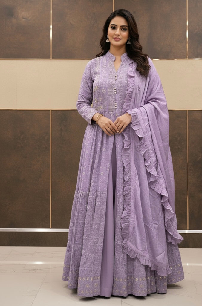 Lavender Georgette Anarkali Set with Embroidered Detailing