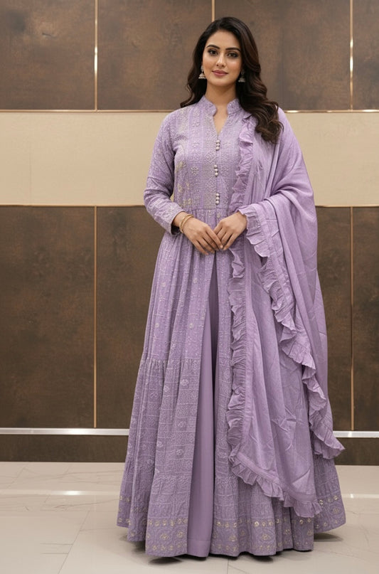 Lavender Georgette Anarkali Set with Embroidered Detailing