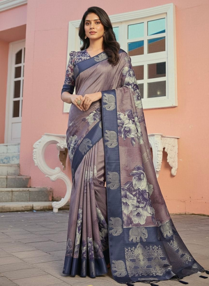 Dusky Orchid Elephant Motif Silk Blend Saree