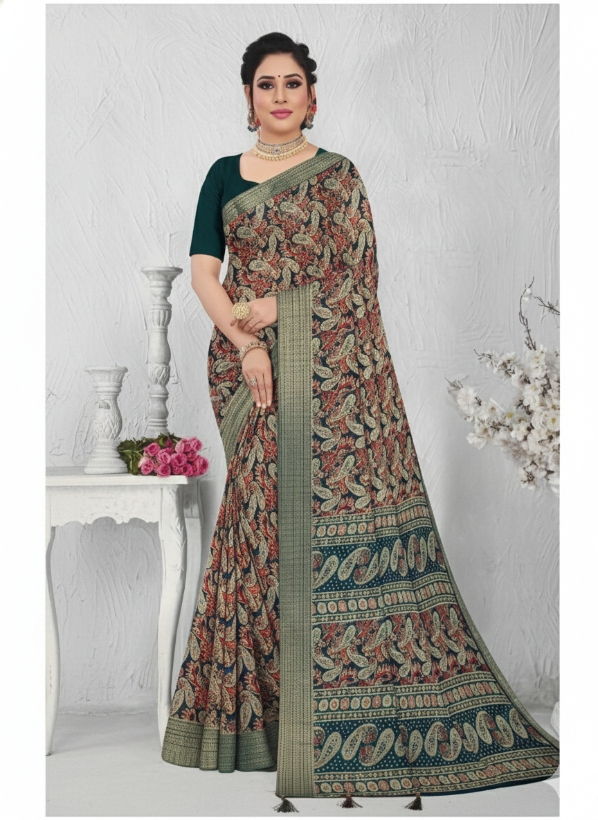 Paisley Printed Synthetic Silk Saree – Multiple Colour Variants