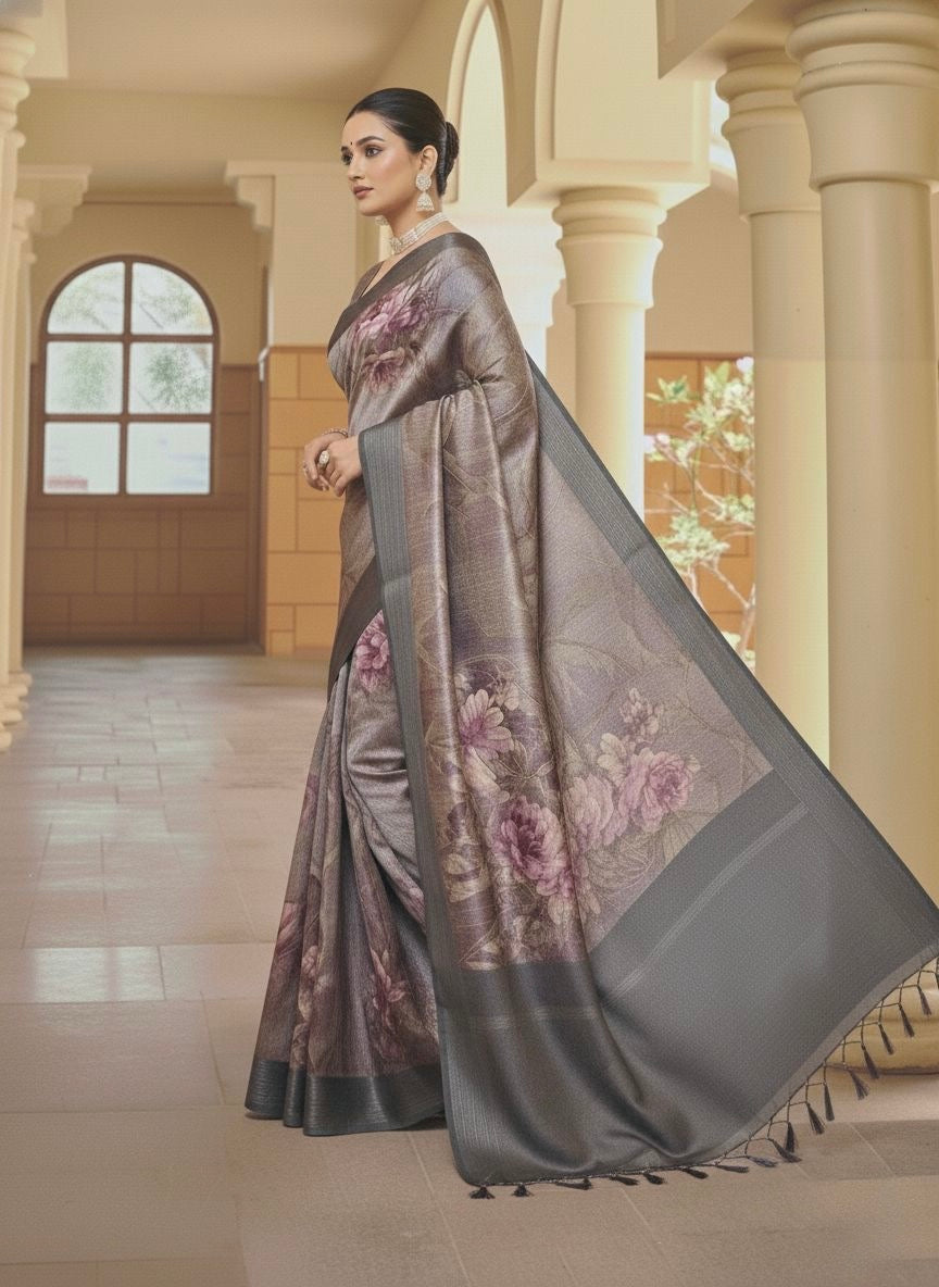 Smoky Rose Garden Silk Blend Saree