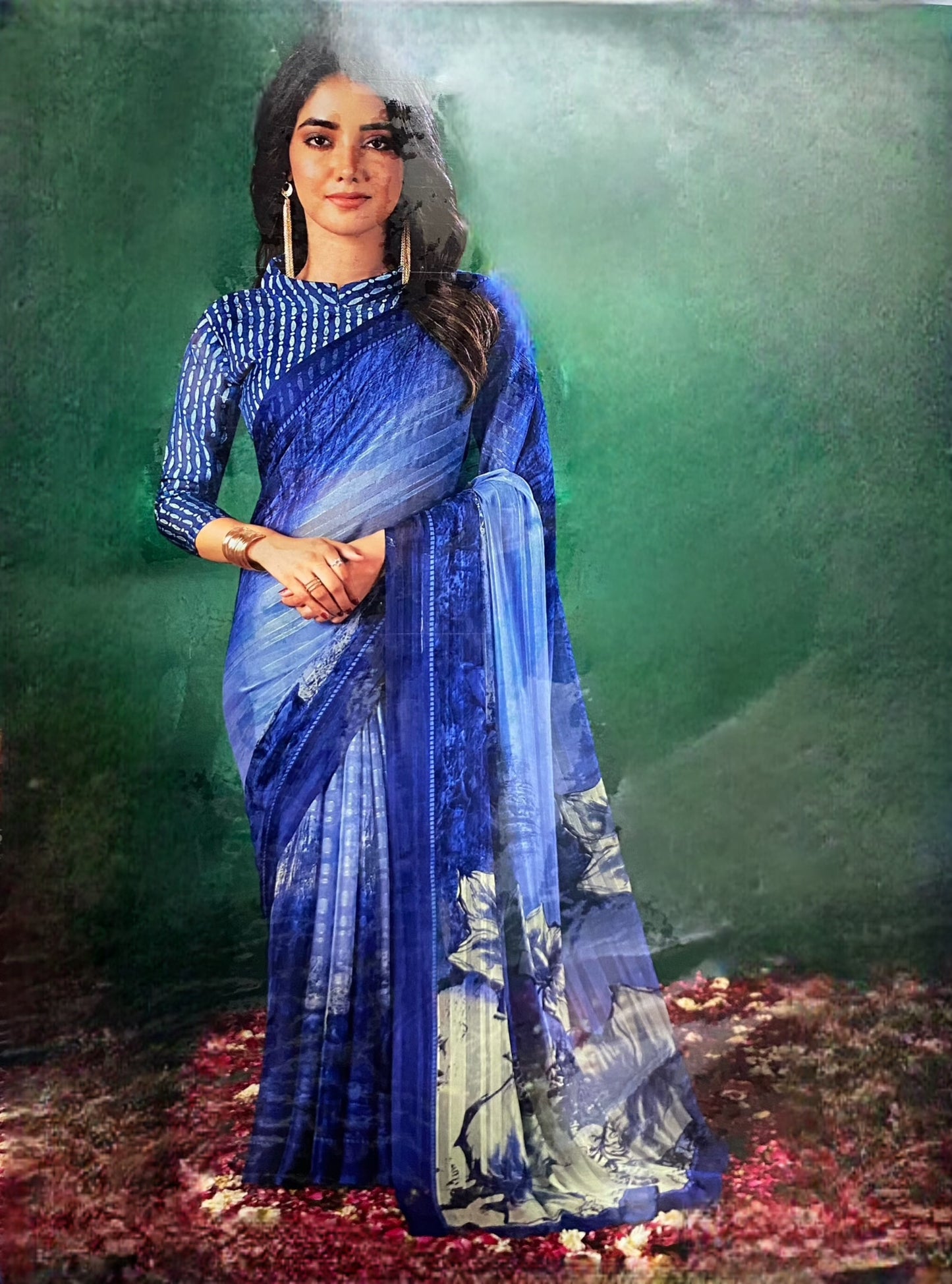 Elegant Navy Blue Saree with Ombre Effect and Floral Accents