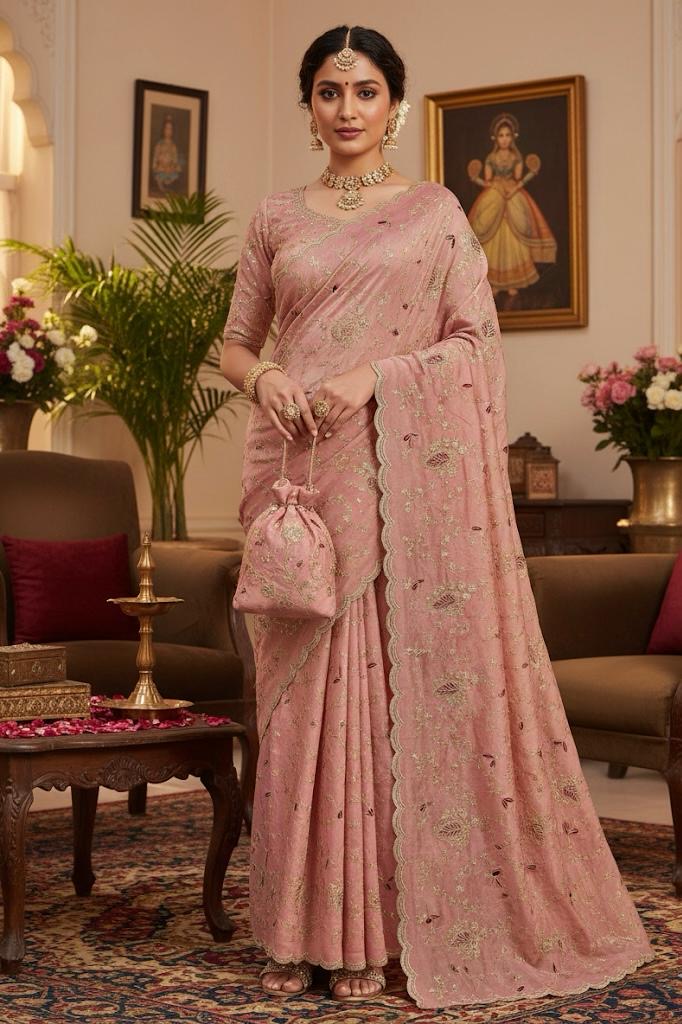 Blush Pink Designer Net Saree with Sequin & Thread Embroidery
