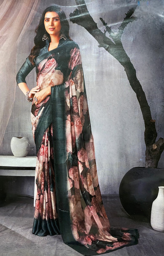 Charcoal Black Floral Printed Satin Saree