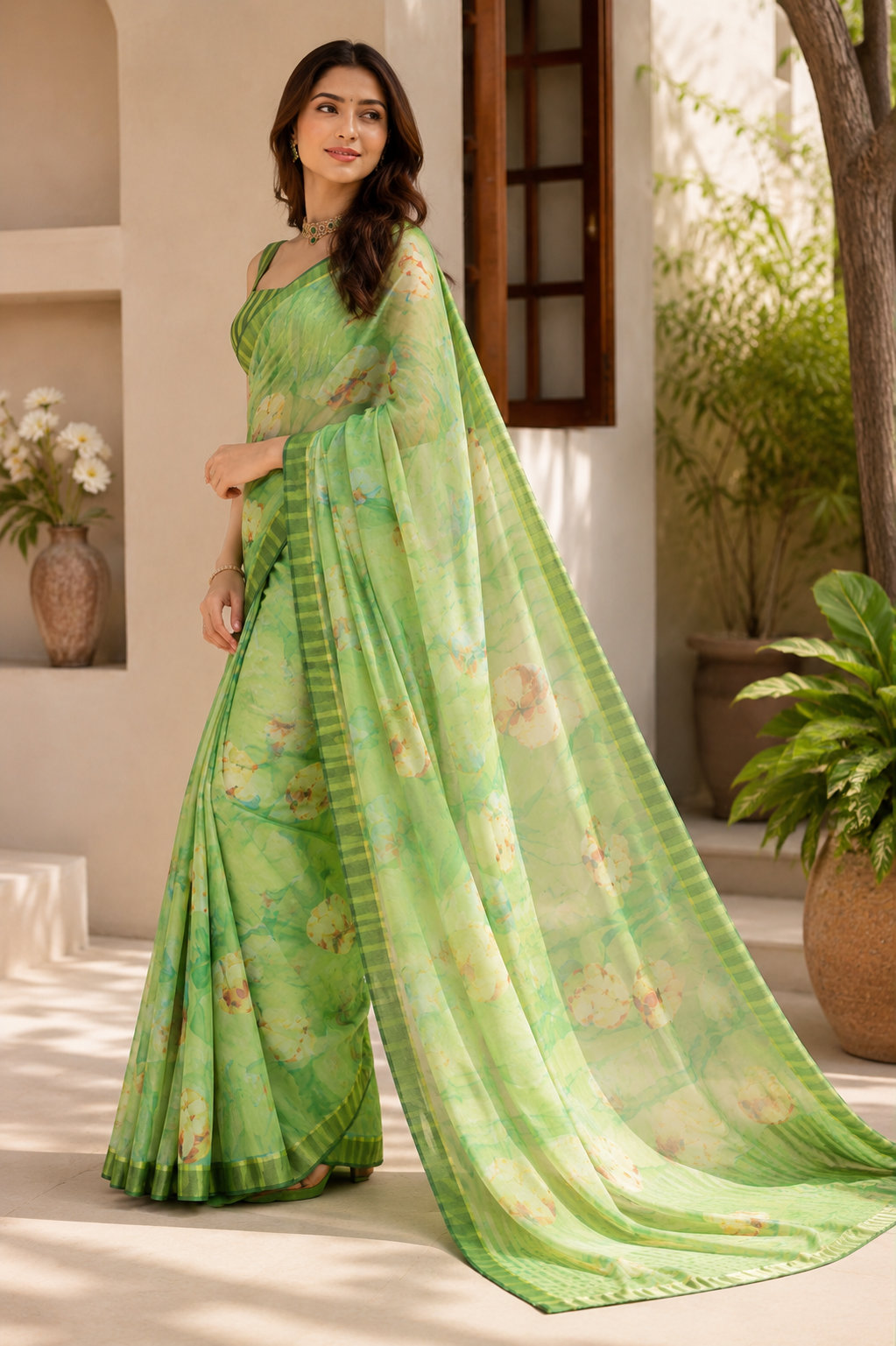 Mint Bloom Printed Linen Saree