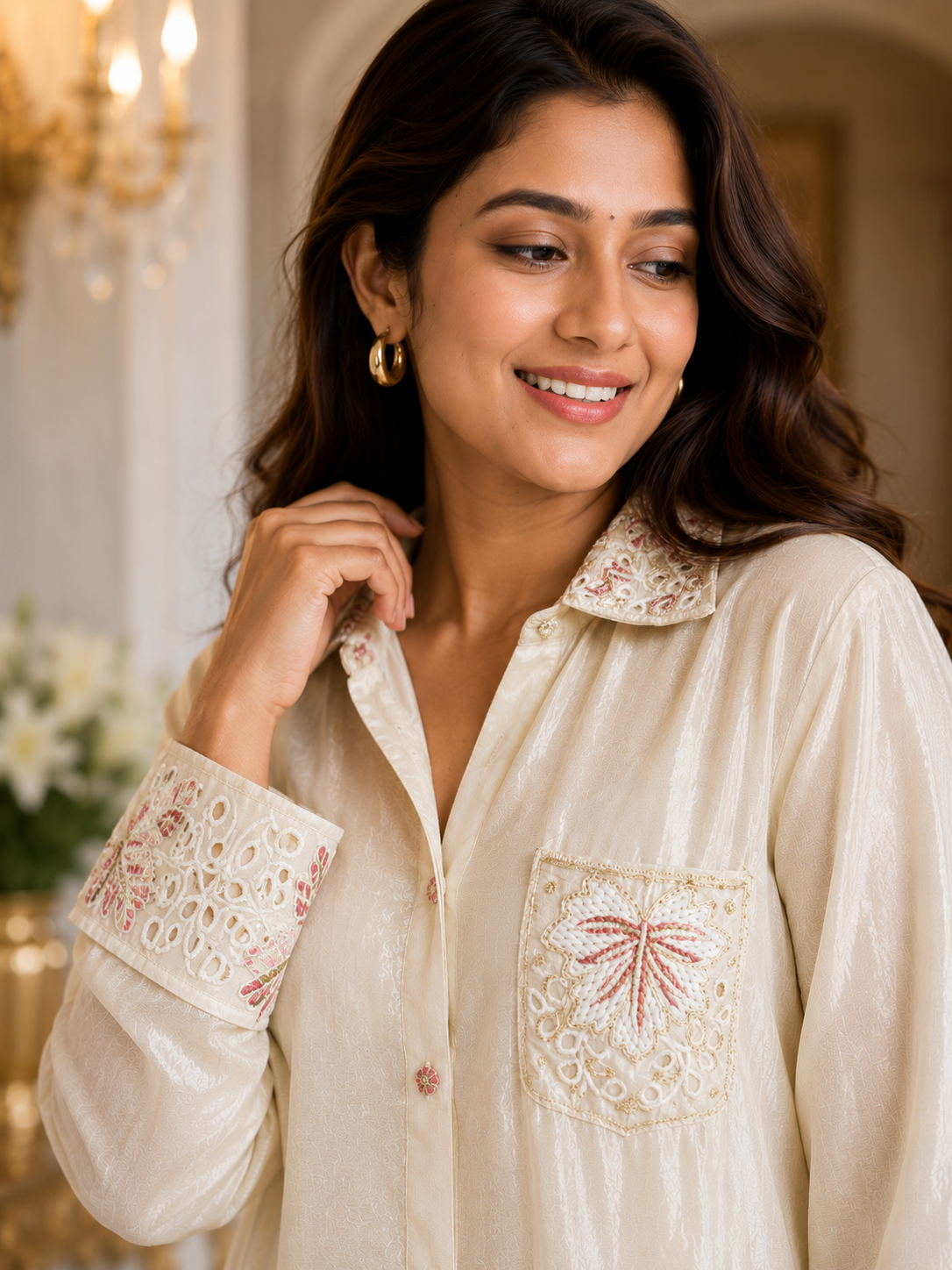 Ivory Embroidered Satin Co-ord Set