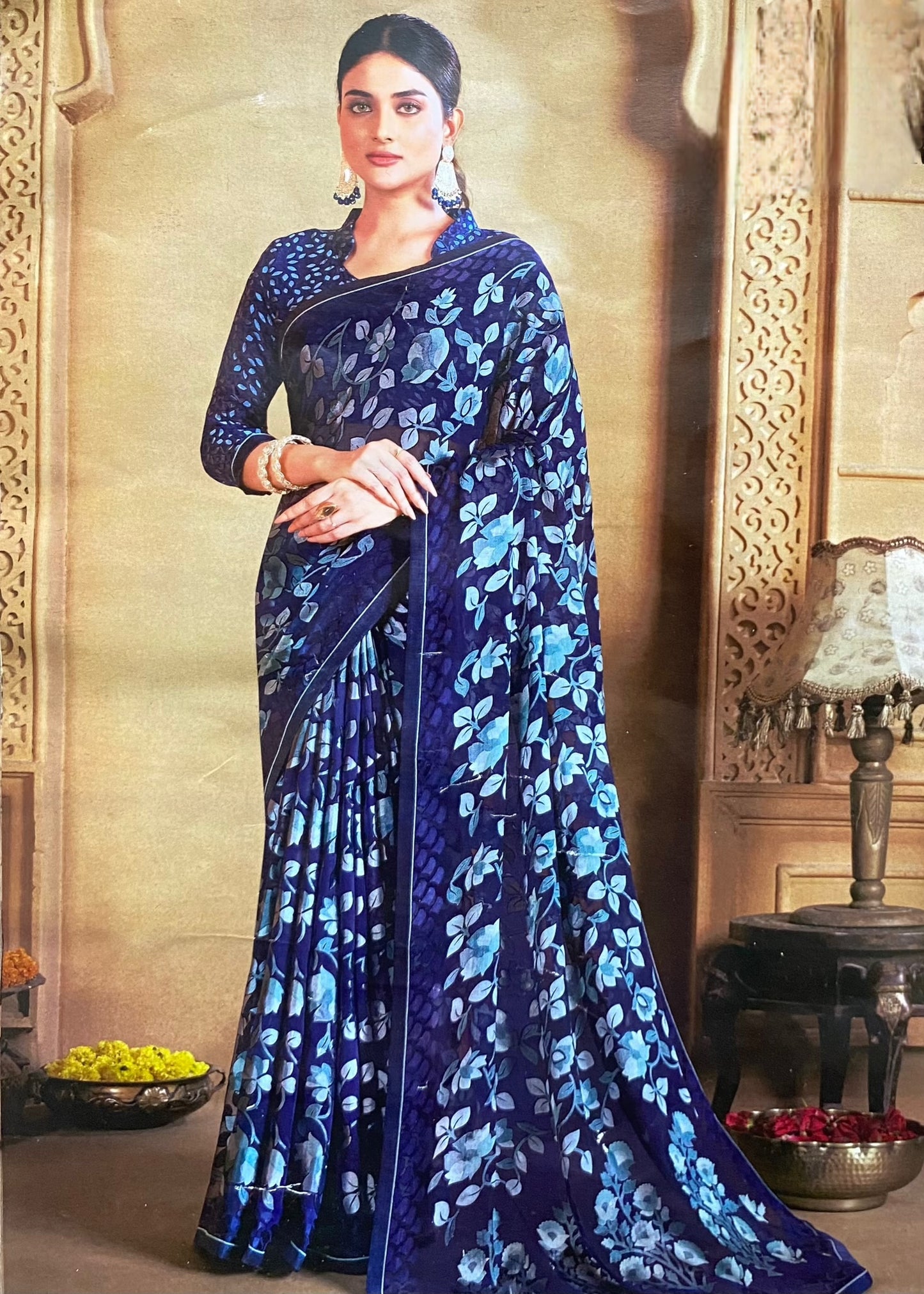 Royal Blue Liva Modal Floral Printed Saree
