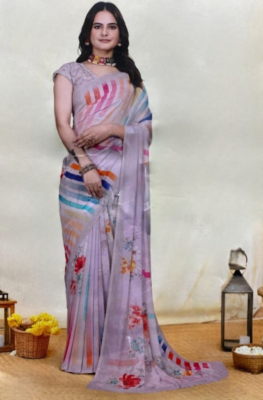Lilac Bloom Striped Floral Saree
