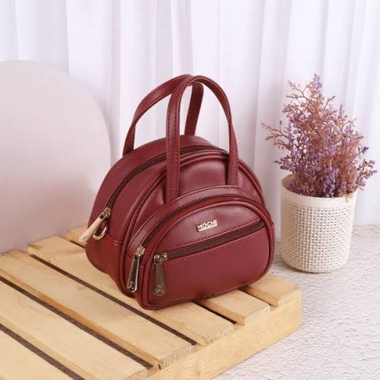 Maroon Faux Leather Mini Handbag with Dual Zippers