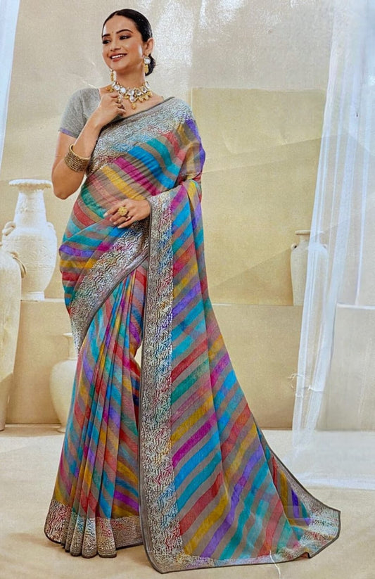Multicolor Pastel Lehriya Organza Saree with Zari Border