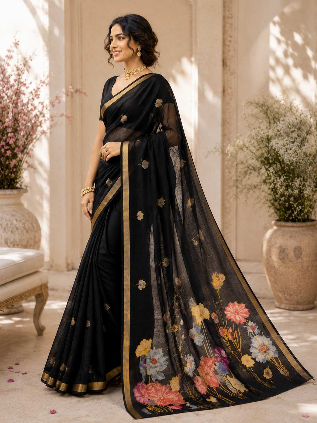 Black Floral Printed Organza Saree