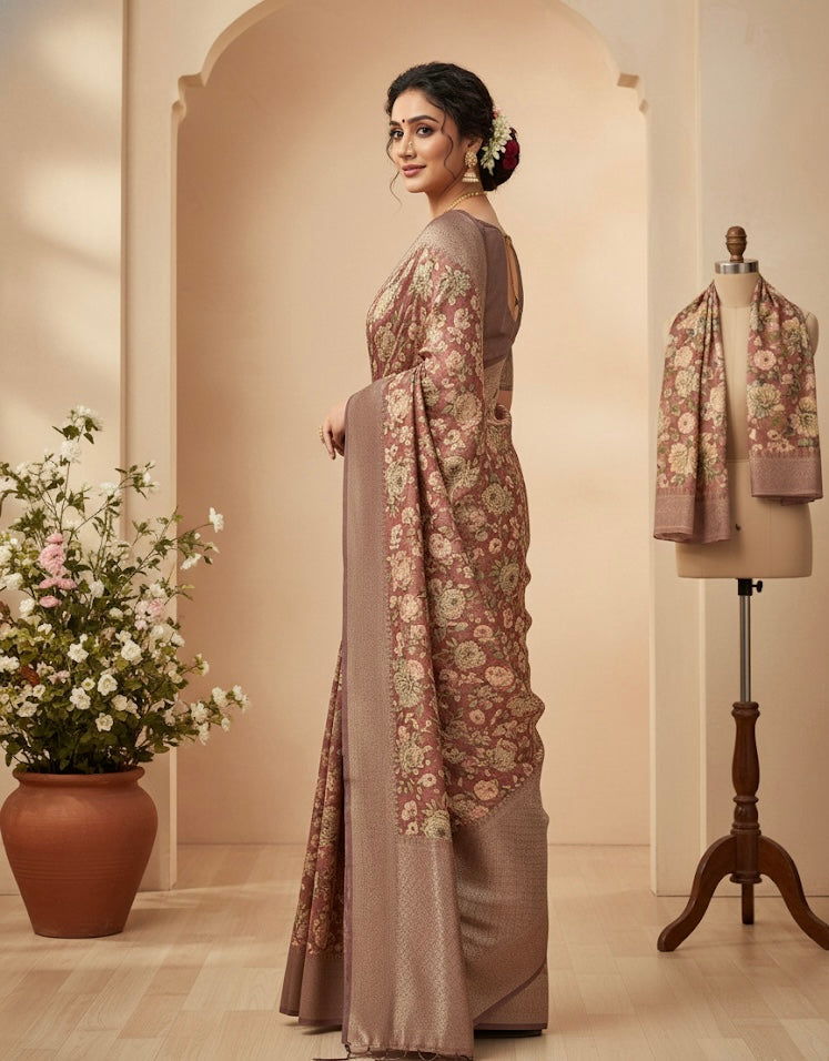Mocha Floral Silk Saree