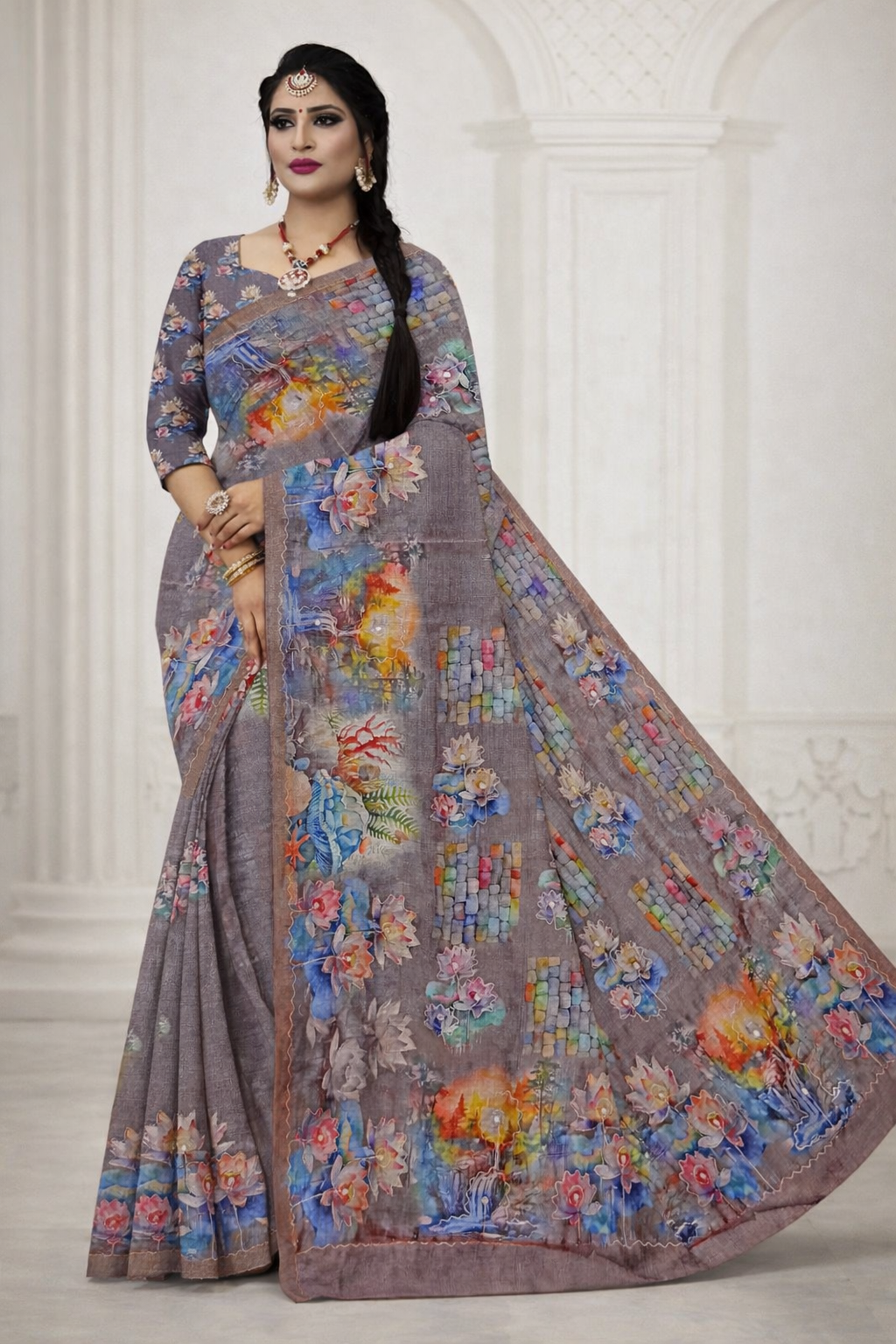 Artistic Linen Digital Print Saree