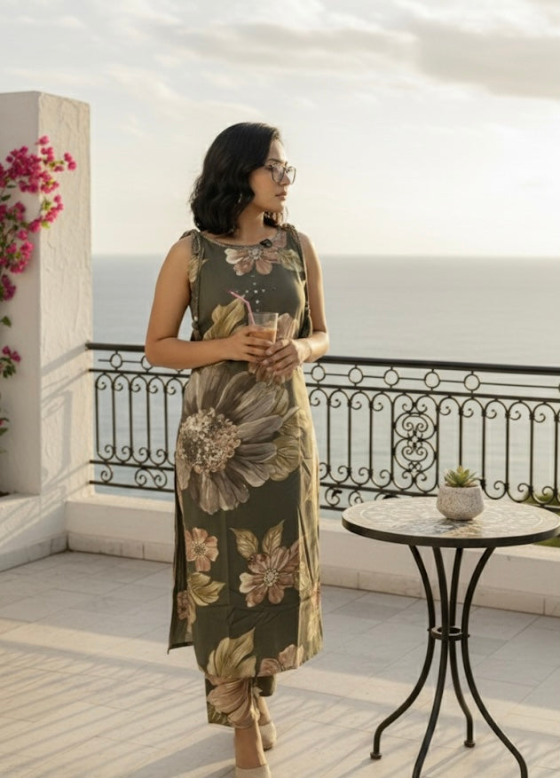 Olive Floral Sleeveless Kurta Set with Attached Tie-Up Sleeves