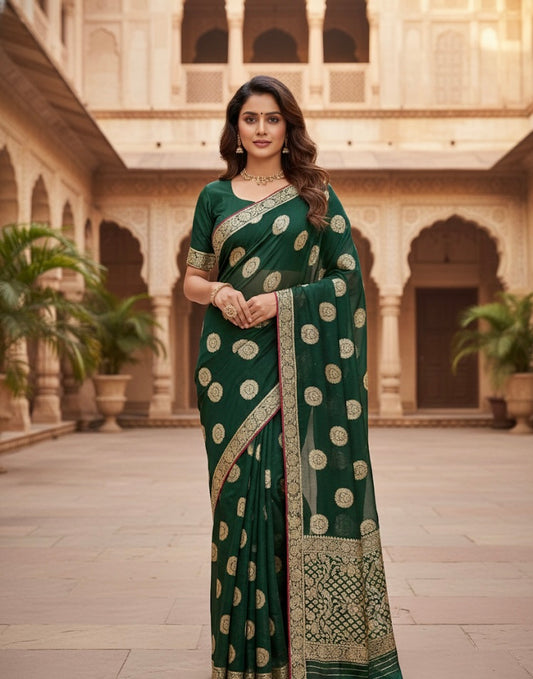 Bottle Green Woven Silk Saree with Gold Butti Work