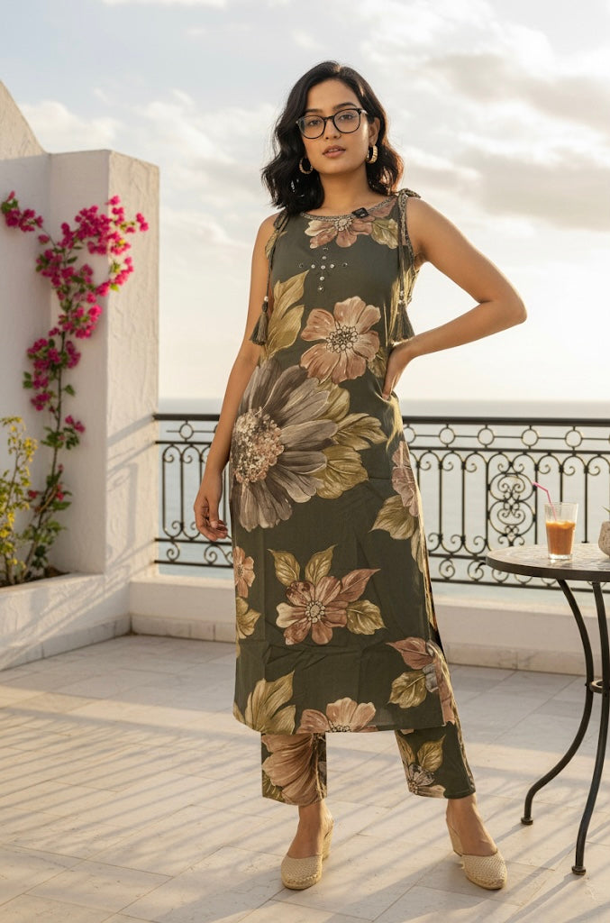 Olive Floral Sleeveless Kurta Set with Attached Tie-Up Sleeves