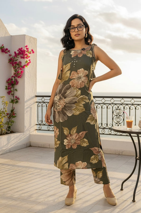 Olive Floral Sleeveless Kurta Set with Attached Tie-Up Sleeves