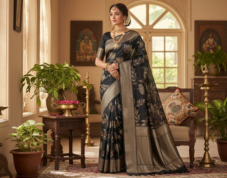 Black Banarasi Silk Blend Saree with Antique Zari Floral Brocade