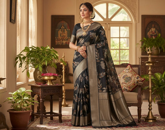 Black Banarasi Silk Blend Saree with Antique Zari Floral Brocade