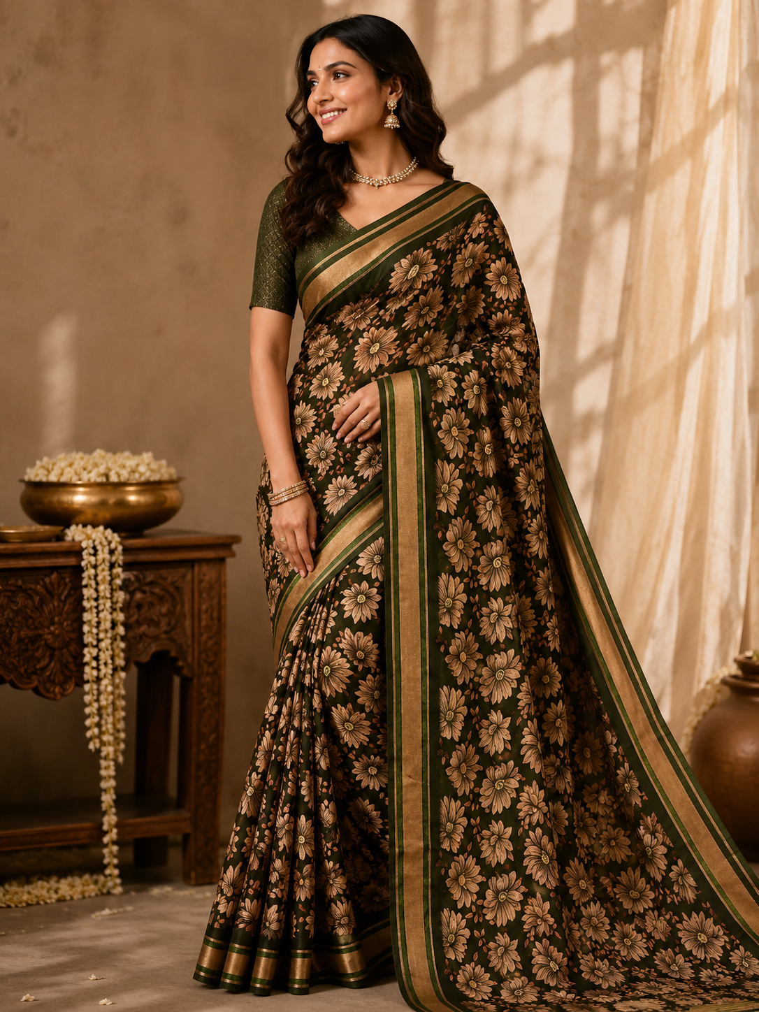 Floral Printed Zari Border Saree