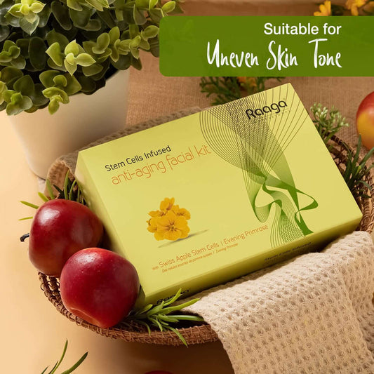 Raaga Stem Cells Infused Anti-Aging Facial Kit | 6-Step Complete Skincare | Evening Primrose, Swiss Apple Stem Cells | Youthful Radiance (61 gm)