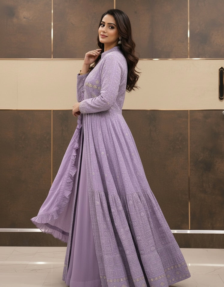 Lavender Georgette Anarkali Set with Embroidered Detailing