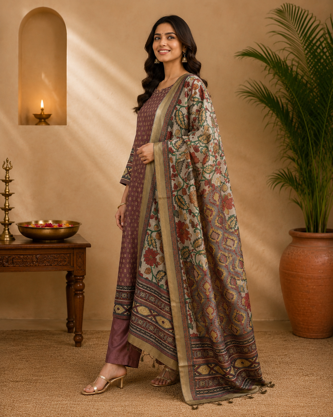 Mauve Printed Kurta Pant Dupatta Set