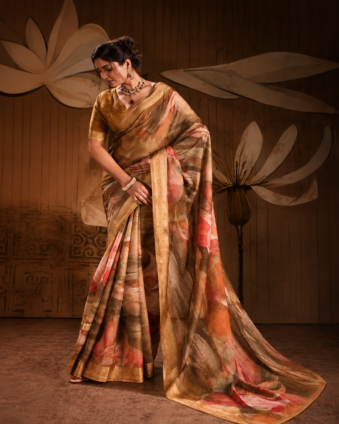 Autumn Muse Printed Satin Saree