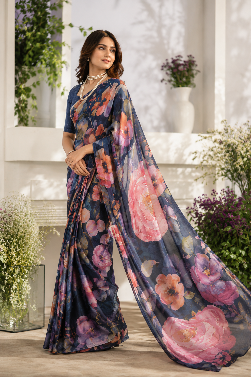 Midnight Bloom Floral Organza Saree