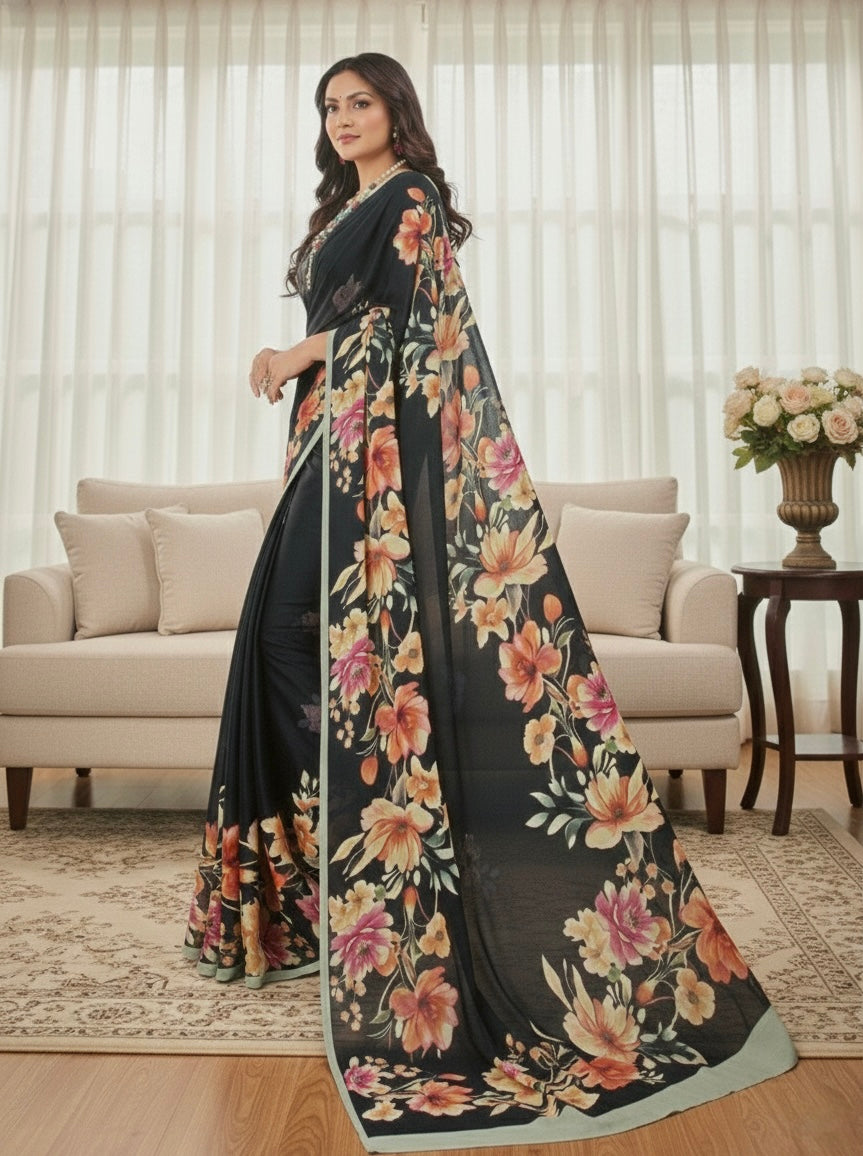 Midnight Bloom Printed Saree