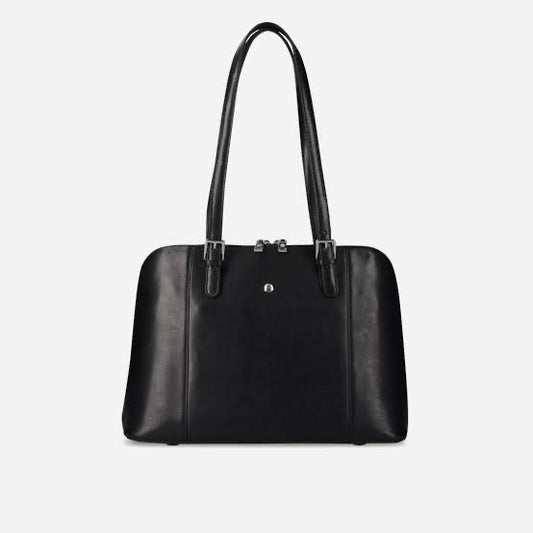 Classic Black Genuine Leather Tote Bag with Dual Handles