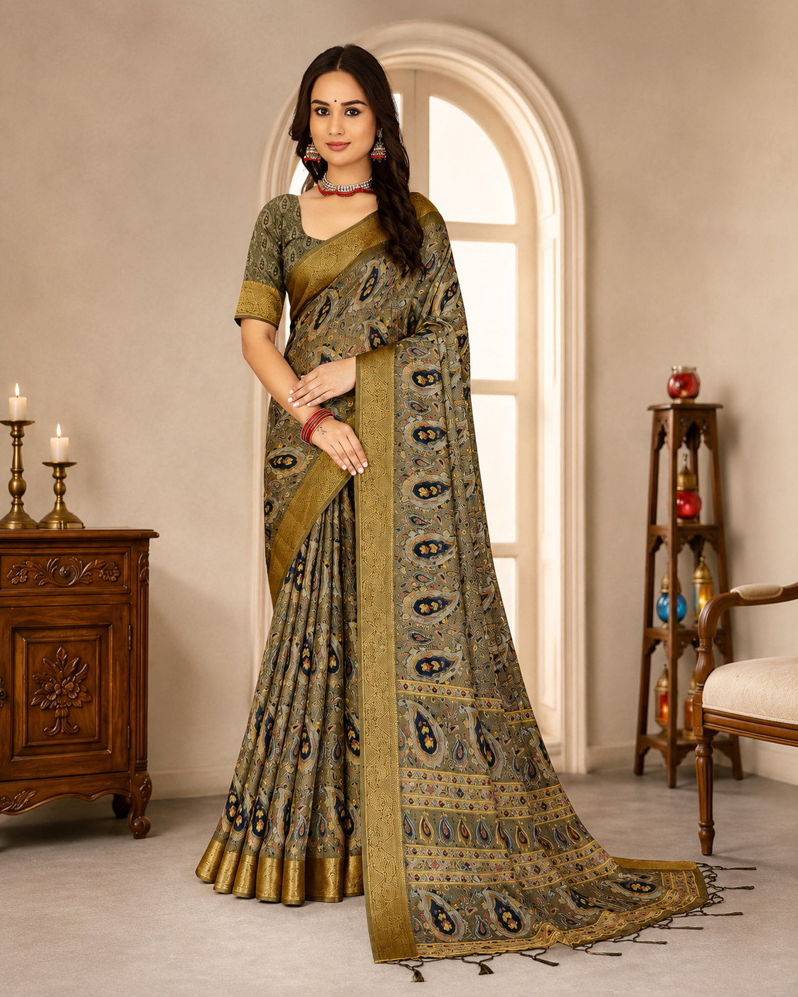 Royal Olive Paisley Saree