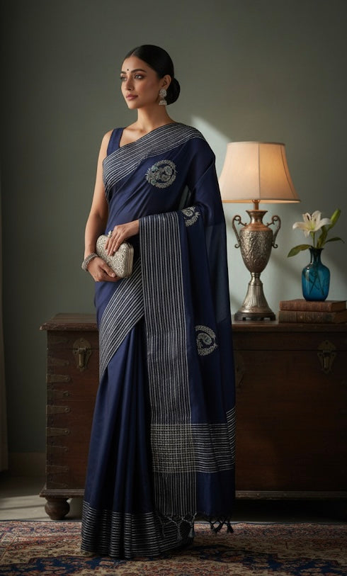Midnight Blue Striped Silk Saree
