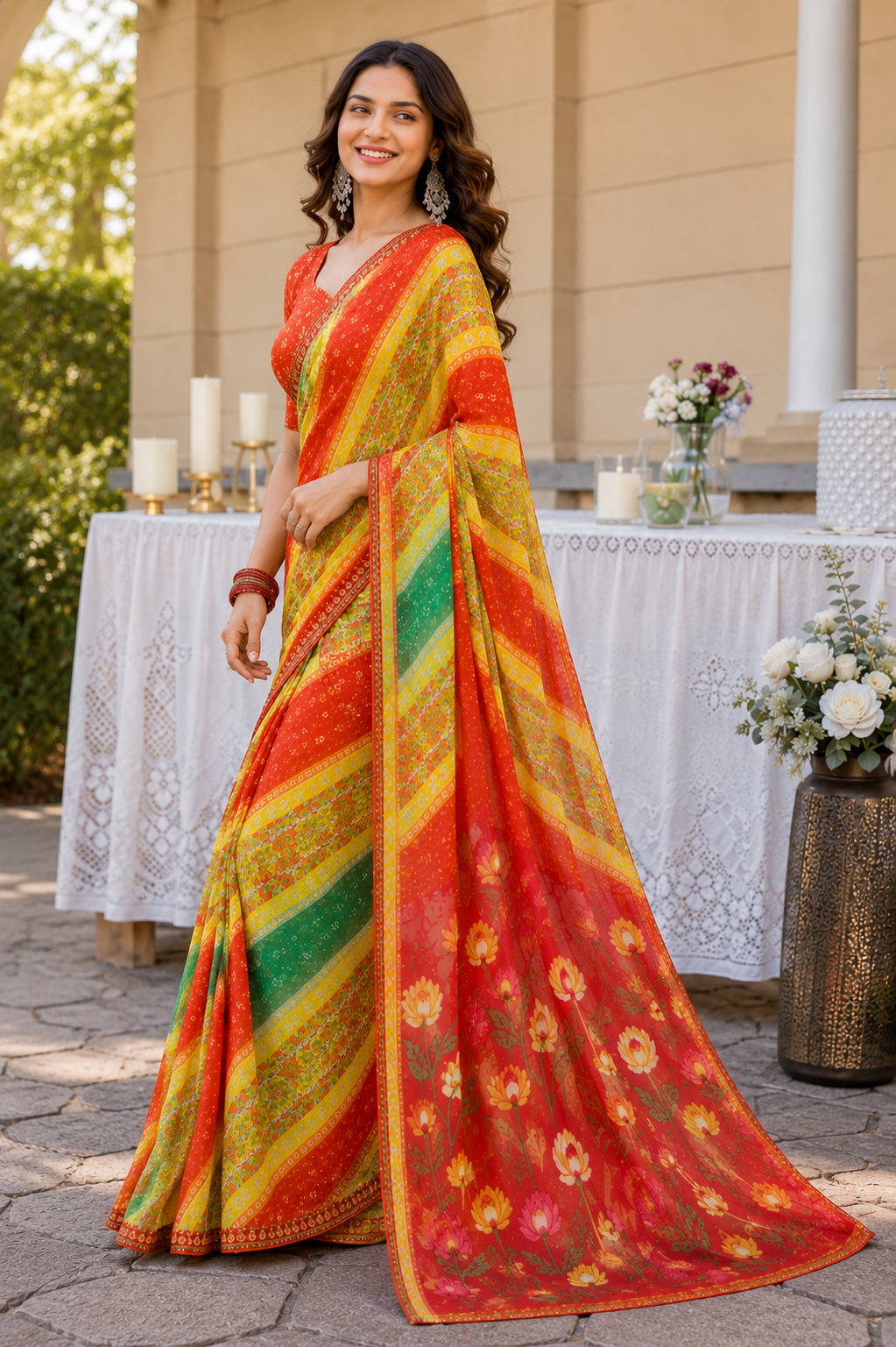 Heritage Mosaic Leheriya Printed Organza Saree