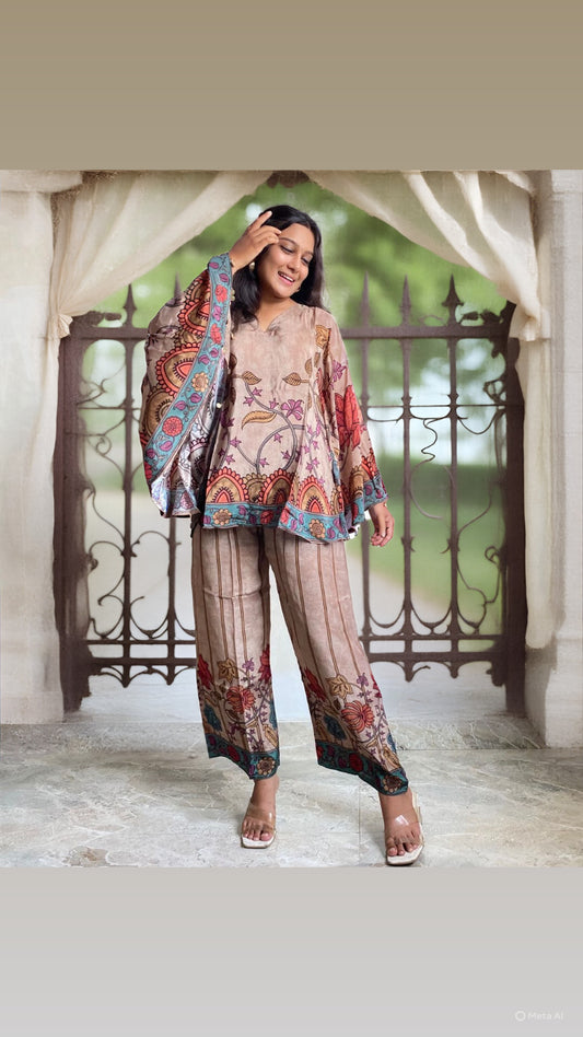 Multicolor Printed Co-ord Set in Earthy Beige with Folk-Inspired Motifs