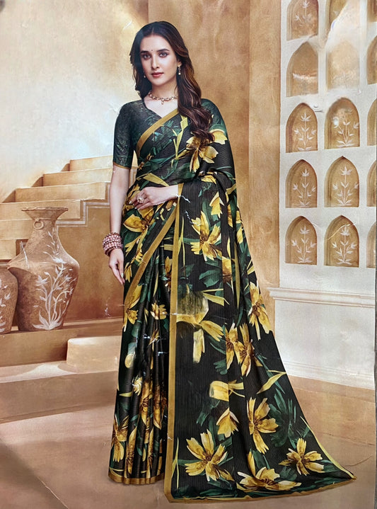 Green & Mustard Yellow Floral Printed Saree in Soft Georgette Finish