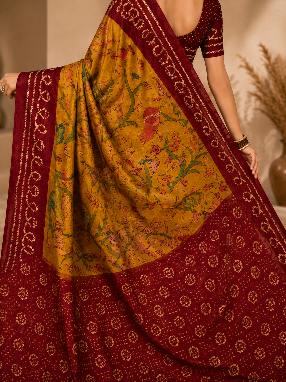Mustard Maroon Folk Art Saree