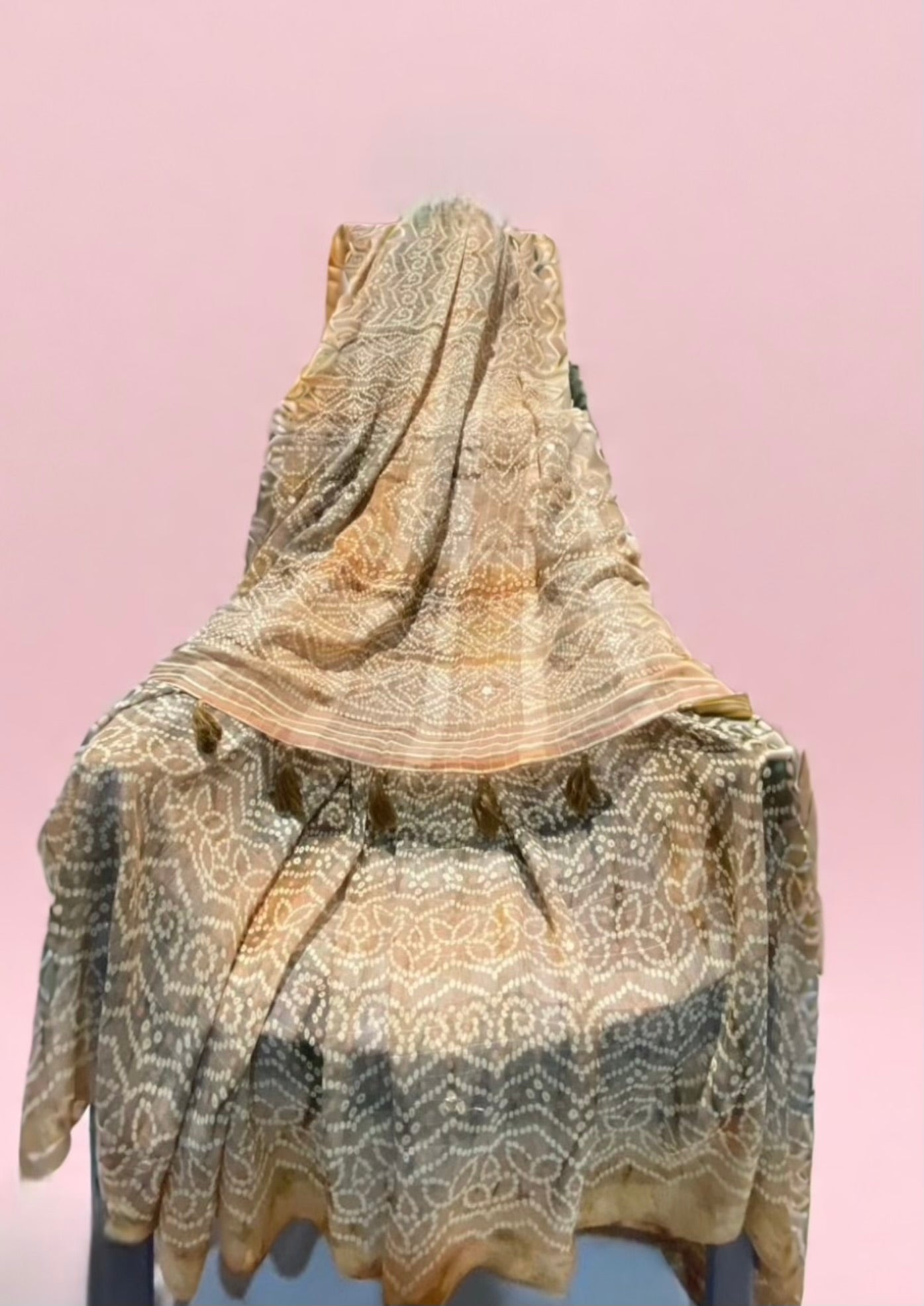 Beige Bandhani Print Saree with Tassel Detailing