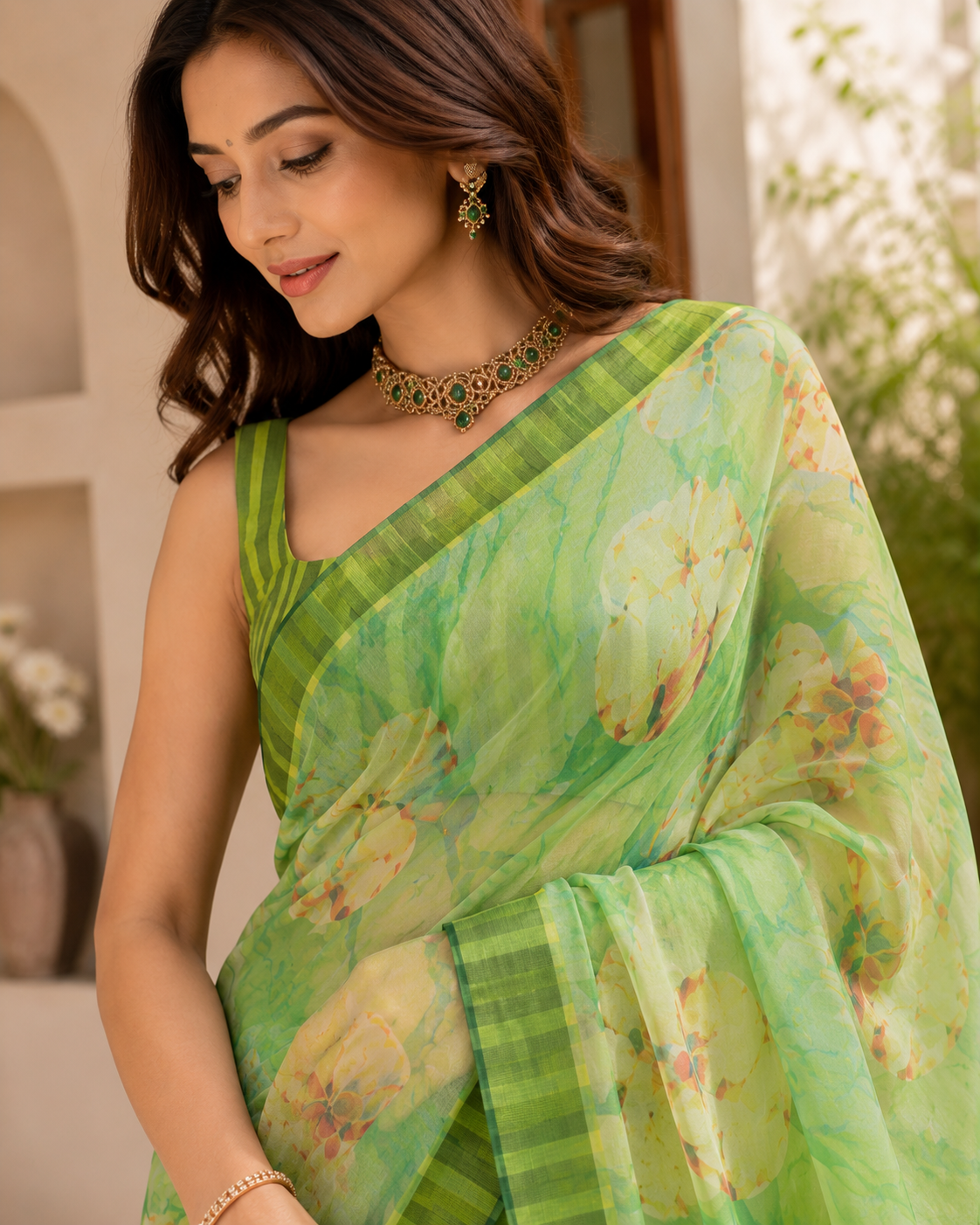 Mint Bloom Printed Linen Saree