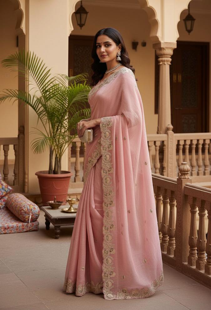 Blush Pink Georgette Saree with Antique Zari Border