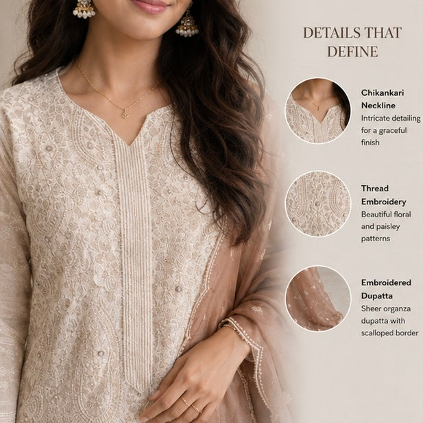 Noor Beige Chikankari Set